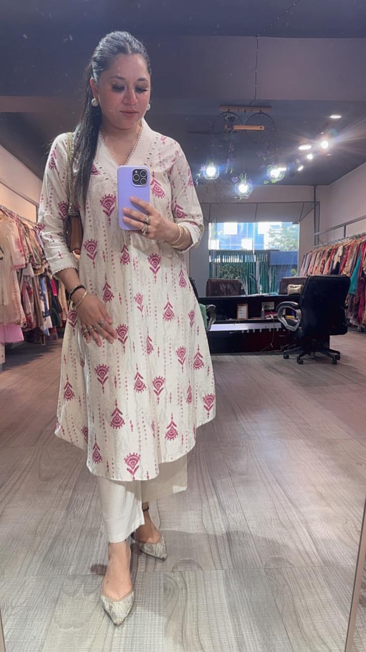 Tik Tok Magenta Ivory cotton Tunic Set