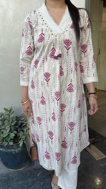 Tik Tok Magenta Ivory cotton Tunic Set