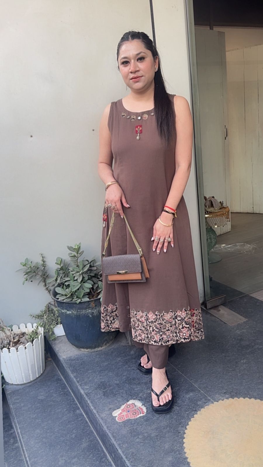 Ghumar Brown Tunic set (sleeve Fabric Attachment)