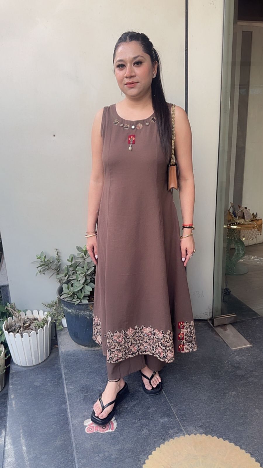 Ghumar Brown Tunic set (sleeve Fabric Attachment)