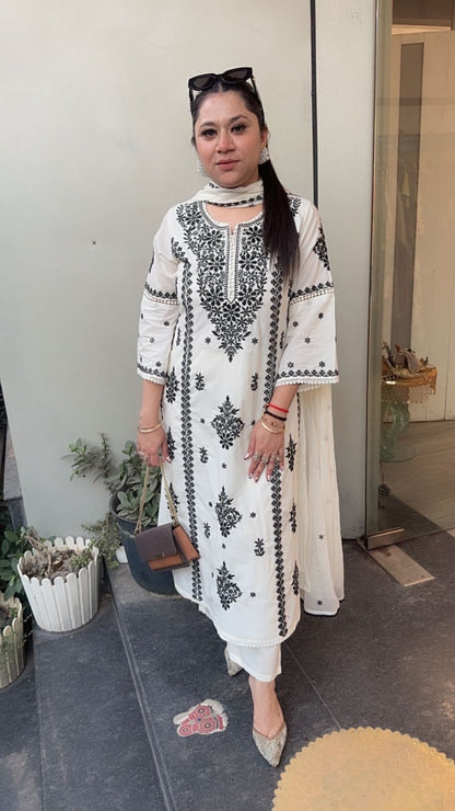 Lucknowi Ivory Chikankari A-Line Cotton Suit