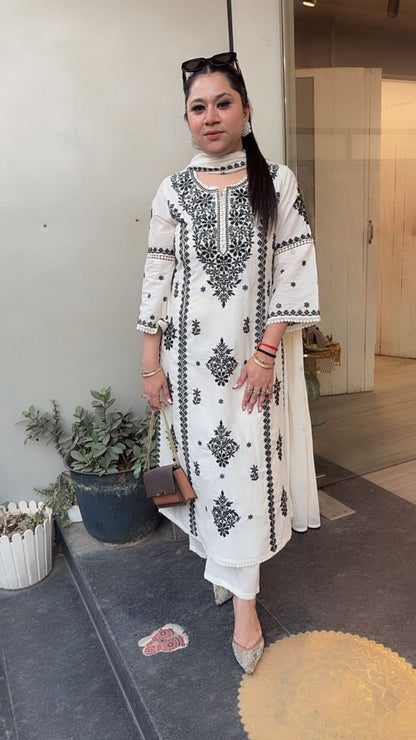 Lucknowi Ivory Chikankari A-Line Cotton Suit