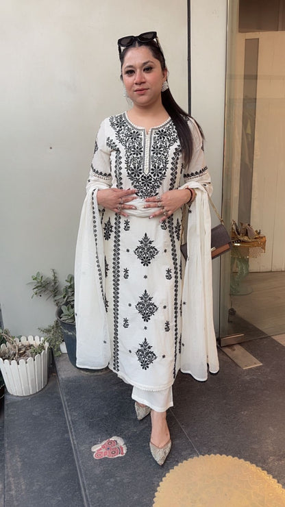 Lucknowi Ivory Chikankari A-Line Cotton Suit