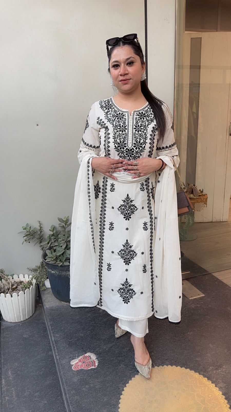 Lucknowi Ivory Chikankari A-Line Cotton Suit