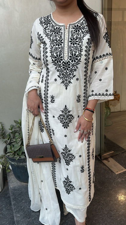 Lucknowi Ivory Chikankari A-Line Cotton Suit