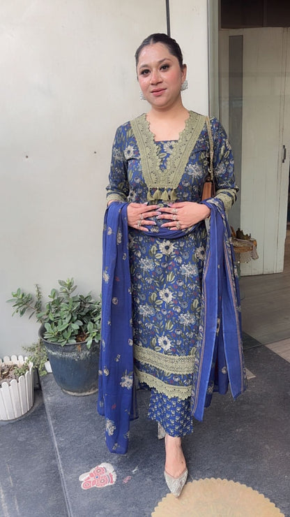 Keerat Navy Blue olive Designer Cotton Suit