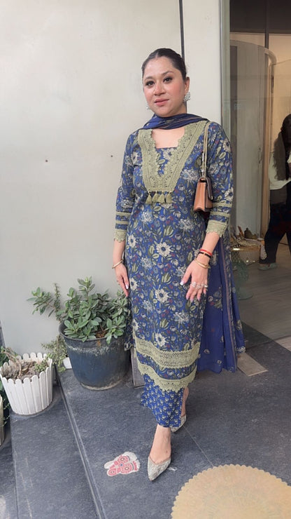 Keerat Navy Blue olive Designer Cotton Suit
