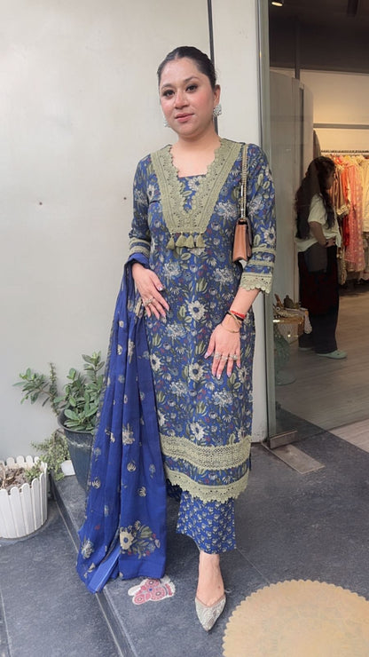 Keerat Navy Blue olive Designer Cotton Suit