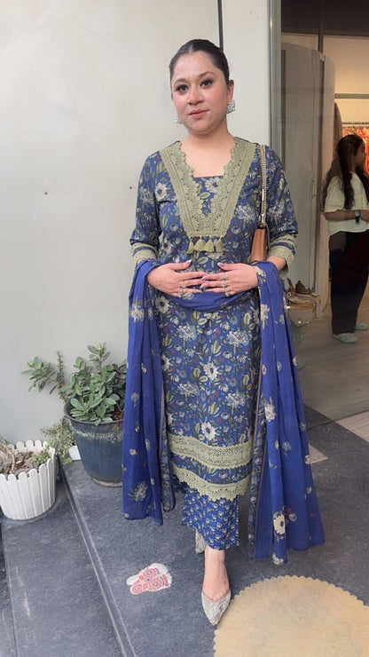 Keerat Navy Blue olive Designer Cotton Suit