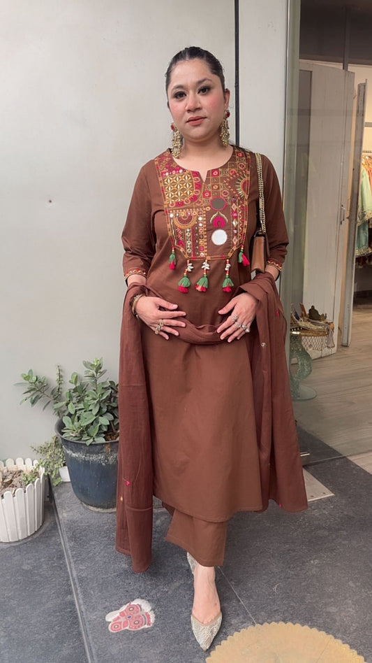 Jugnu Brown Mirror work Designer Cotton Suit