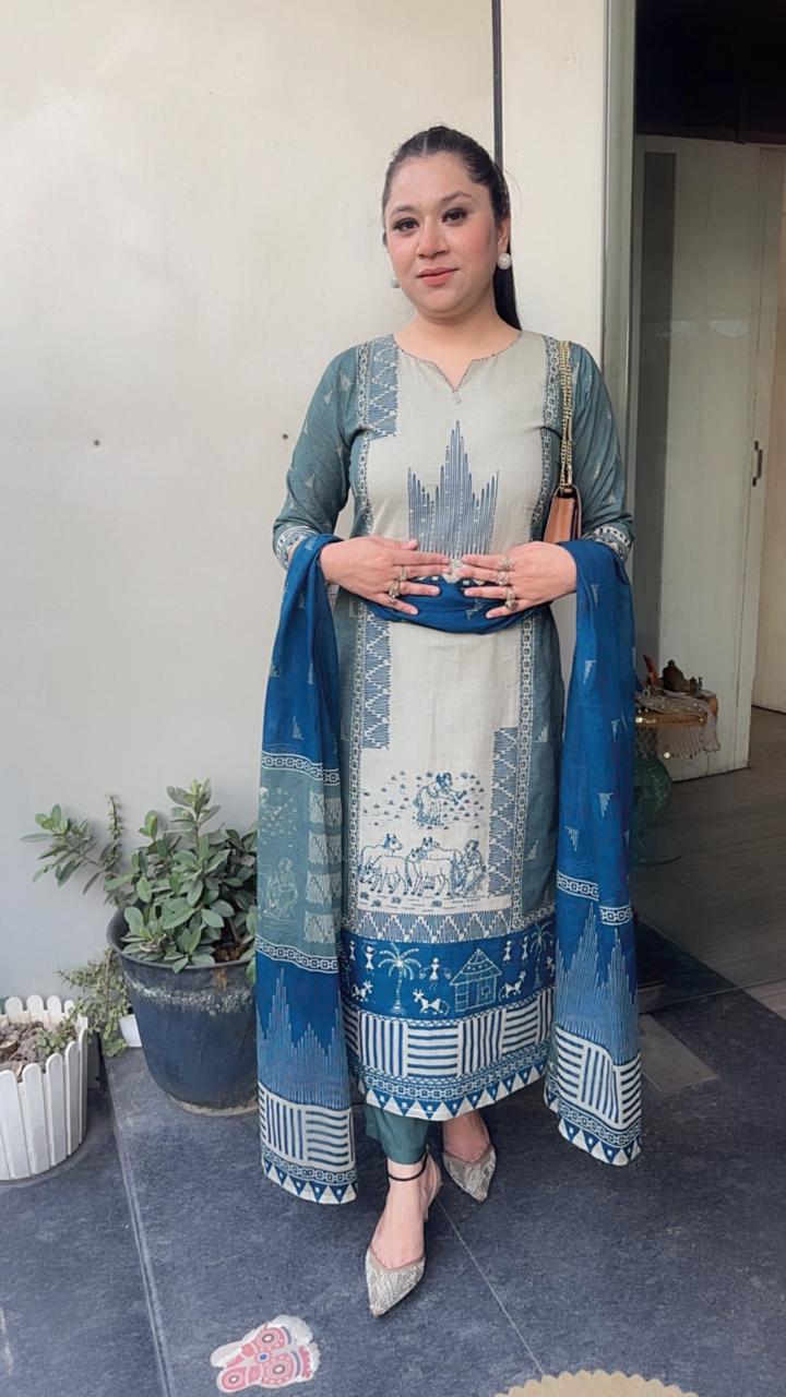 Kotputli Blue Digital Designer Cotton Suit