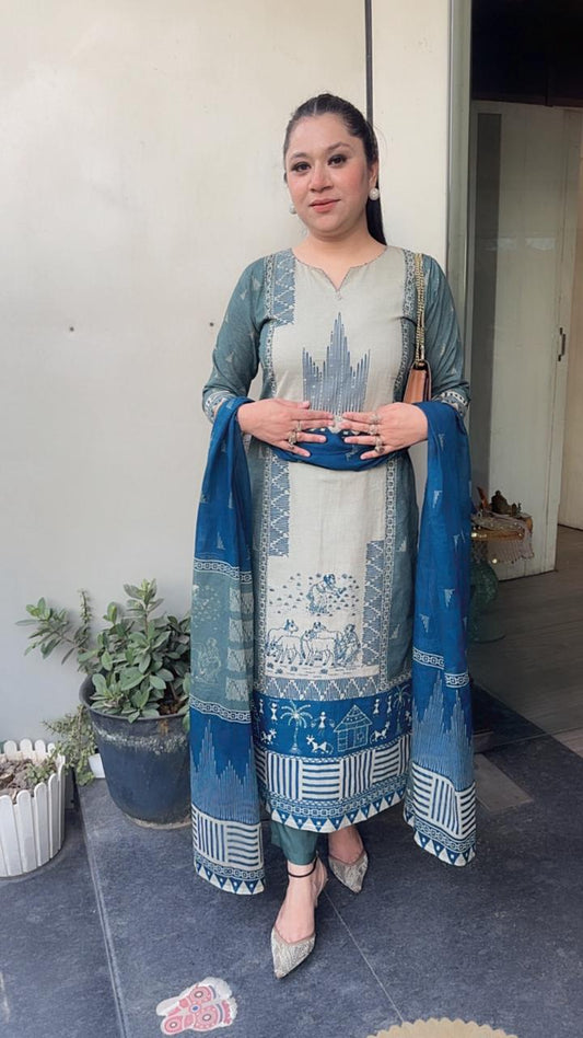 Kotputli Blue Digital Designer Cotton Suit