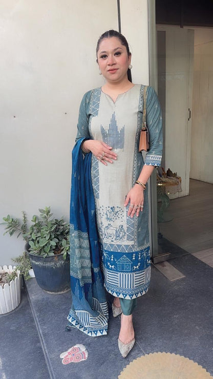 Kotputli Blue Digital Designer Cotton Suit