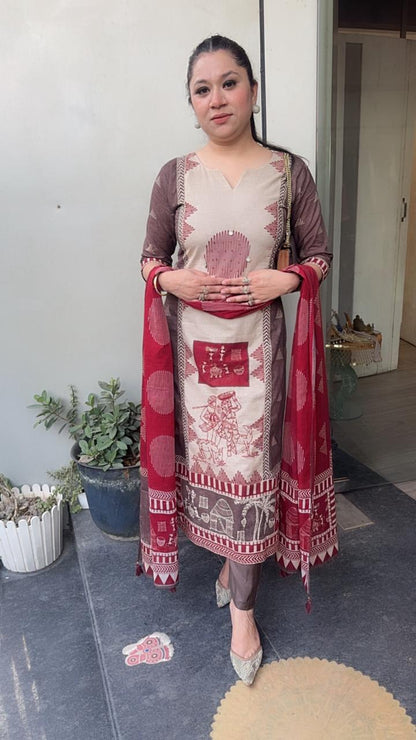 Kotputli Mahroon Digital Designer Cotton Suit