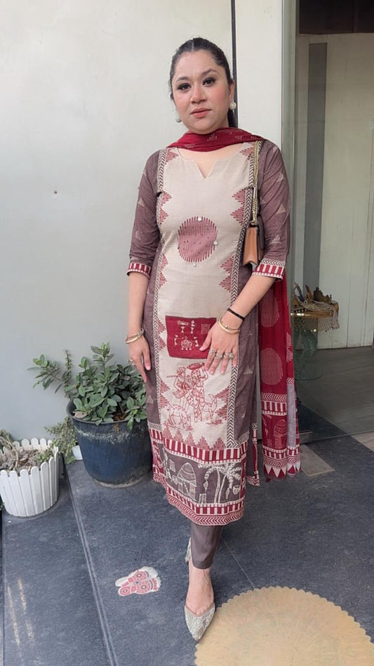 Kotputli Mahroon Digital Designer Cotton Suit