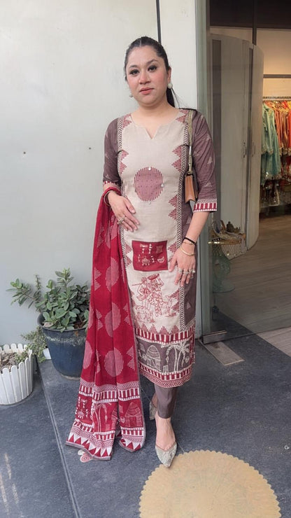 Kotputli Mahroon Digital Designer Cotton Suit