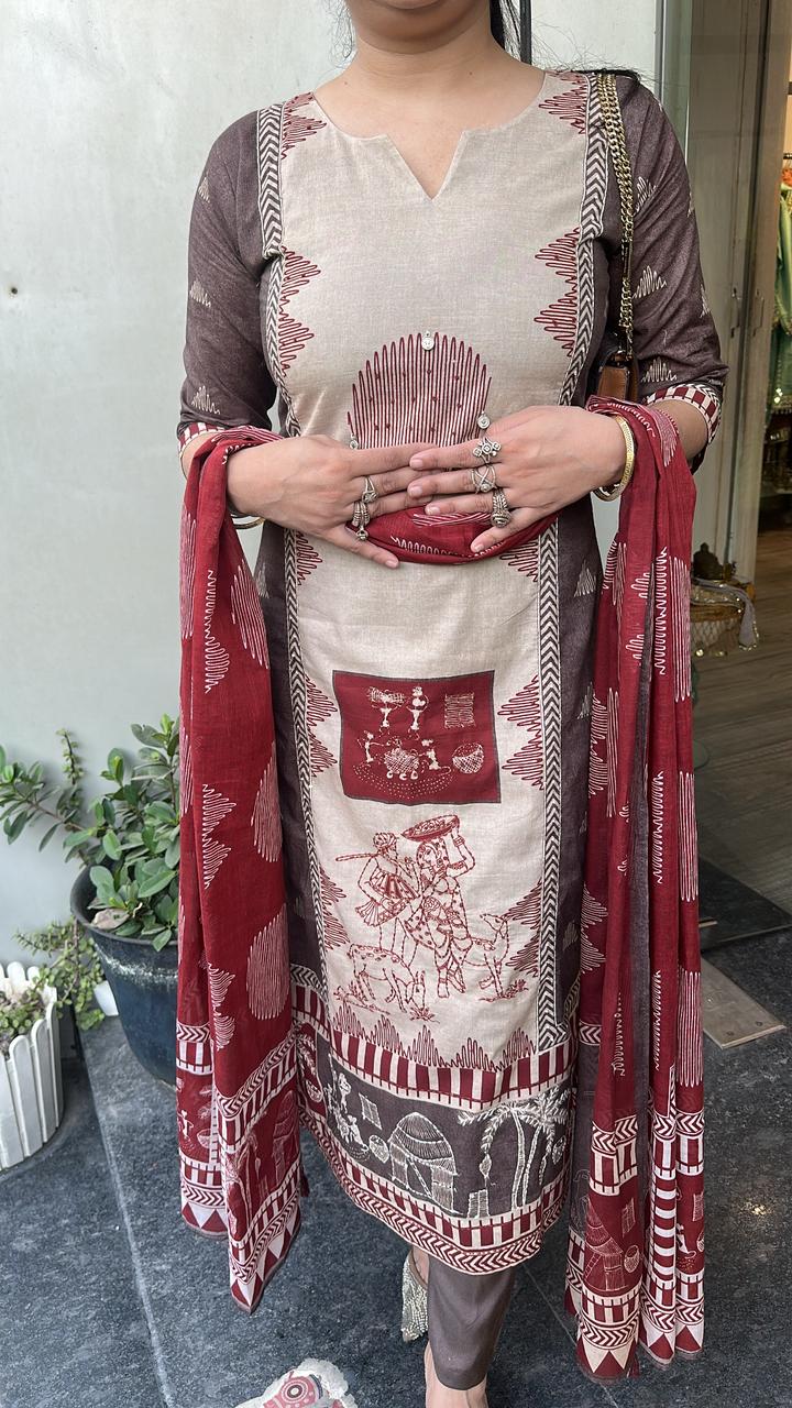 Kotputli Mahroon Digital Designer Cotton Suit