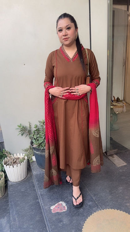Alwar Brown A-Line pocket Designer Cotton Suit
