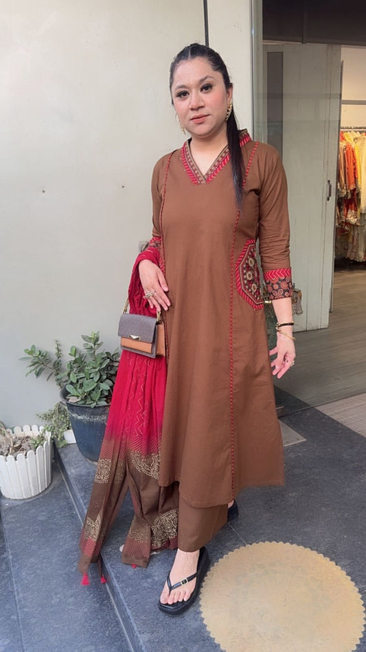 Alwar Brown A-Line pocket Designer Cotton Suit