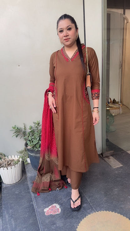 Alwar Brown A-Line pocket Designer Cotton Suit