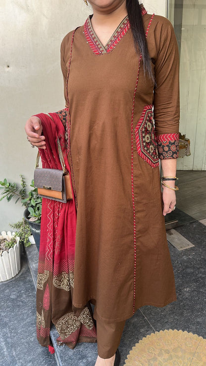 Alwar Brown A-Line pocket Designer Cotton Suit