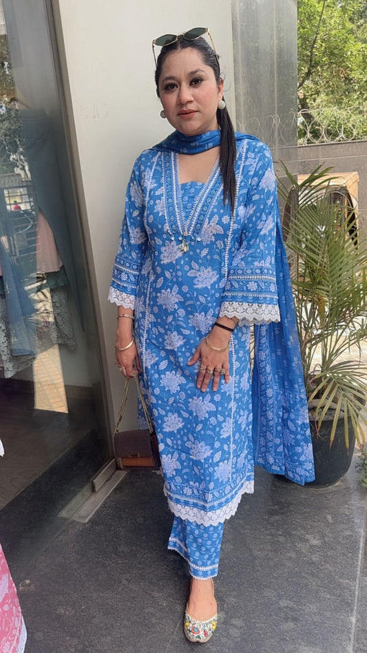 Zoe Aqua A-Line Digital Print Designer Cotton Suit