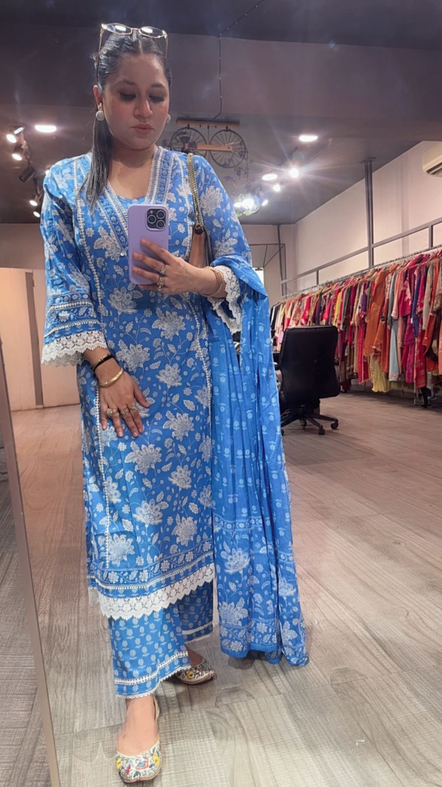 Zoe Aqua A-Line Digital Print Designer Cotton Suit