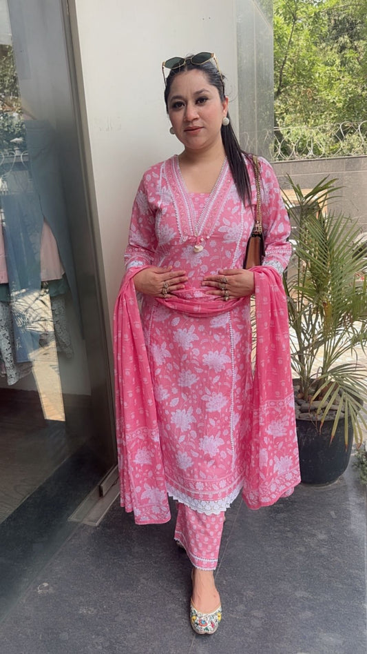 Zoe Pink A-Line Digital Print Designer Cotton Suit