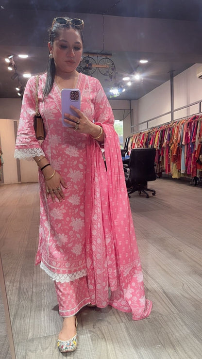 Zoe Pink A-Line Digital Print Designer Cotton Suit