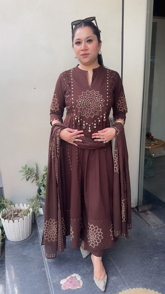 Elaichi Coffee Brown Cotton Anarkali Designer Cotton Suit