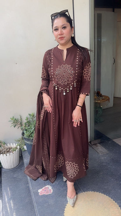 Elaichi Coffee Brown Cotton Anarkali Designer Cotton Suit