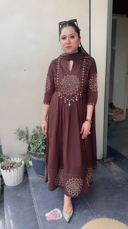 Elaichi Coffee Brown Cotton Anarkali Designer Cotton Suit