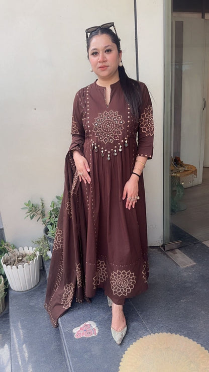 Elaichi Coffee Brown Cotton Anarkali Designer Cotton Suit