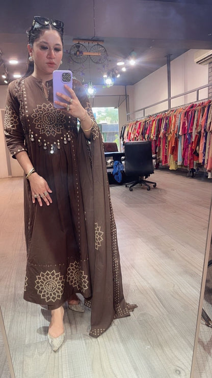Elaichi Coffee Brown Cotton Anarkali Designer Cotton Suit