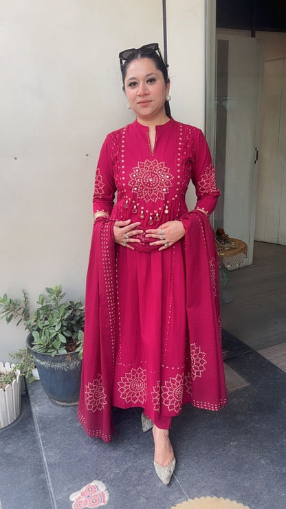 Elaichi Cherry Red Cotton Anarkali Designer Cotton Suit