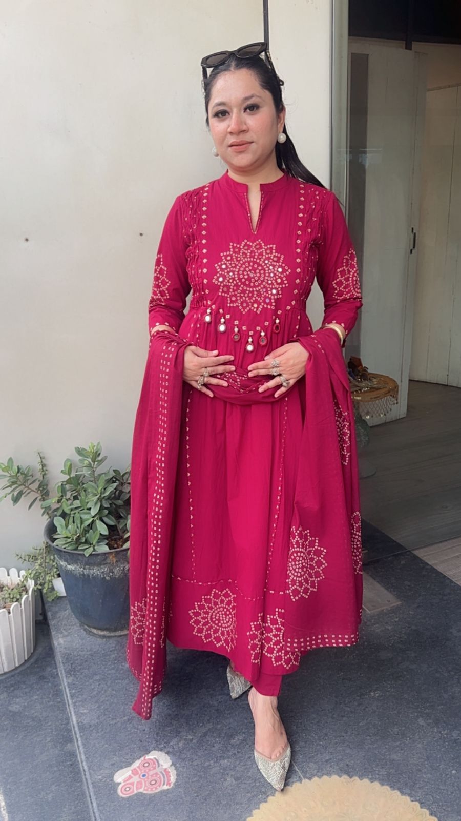 Elaichi Cherry Red Cotton Anarkali Designer Cotton Suit