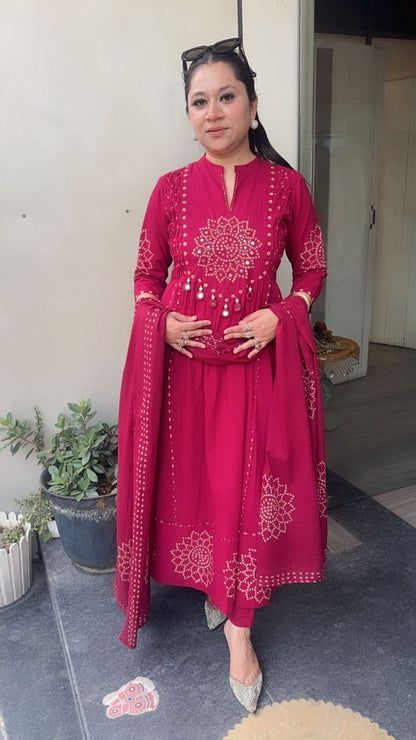 Elaichi Cherry Red Cotton Anarkali Designer Cotton Suit