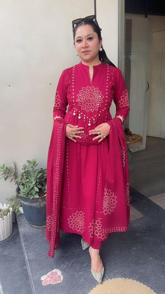 Elaichi Cherry Red Cotton Anarkali Designer Cotton Suit