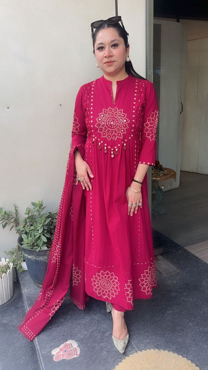 Elaichi Cherry Red Cotton Anarkali Designer Cotton Suit