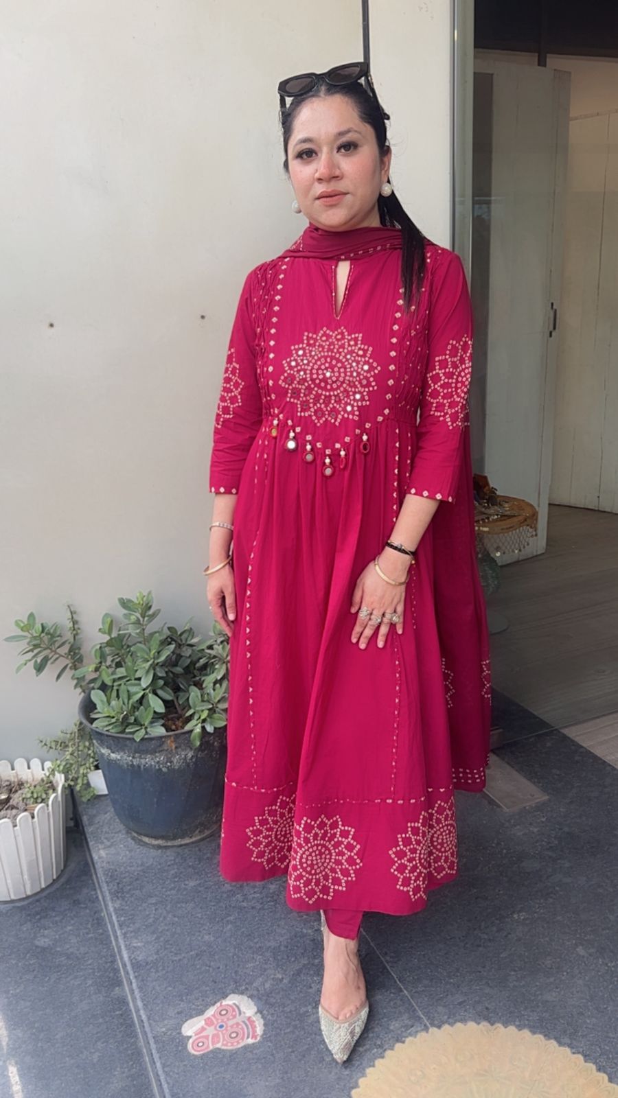 Elaichi Cherry Red Cotton Anarkali Designer Cotton Suit