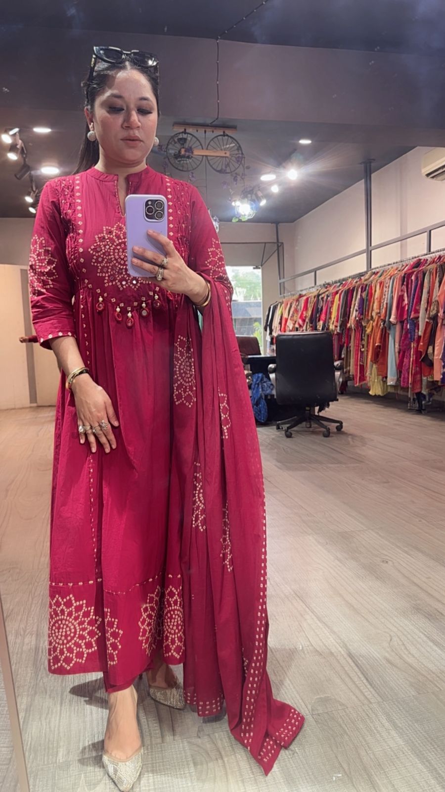 Elaichi Cherry Red Cotton Anarkali Designer Cotton Suit