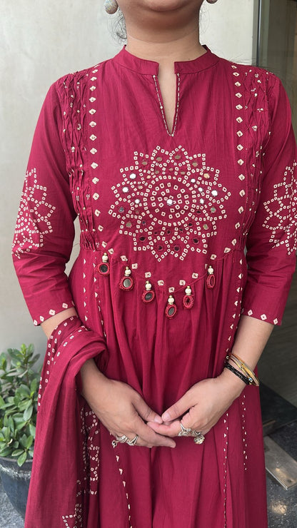 Elaichi Cherry Red Cotton Anarkali Designer Cotton Suit