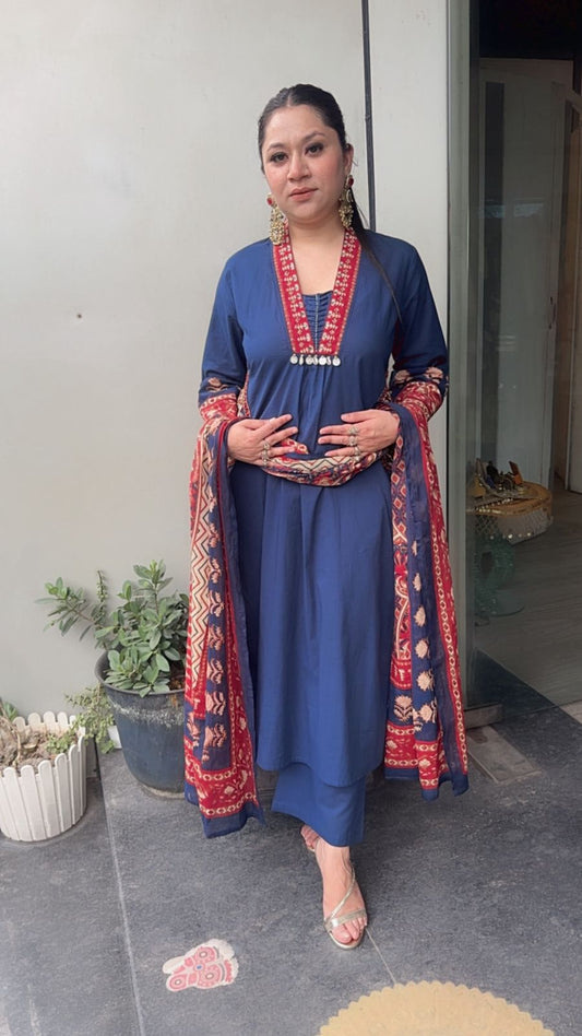 Gillori Blue A-Line pocket Cotton Designer Suit