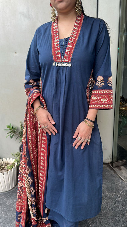 Gillori Blue A-Line pocket Cotton Designer Suit