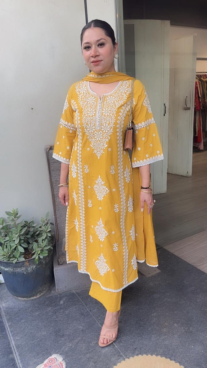 Lucknowi Mustard Chikankari A-Line Cotton Suit