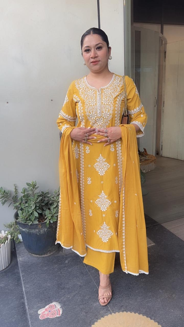 Lucknowi Mustard Chikankari A-Line Cotton Suit