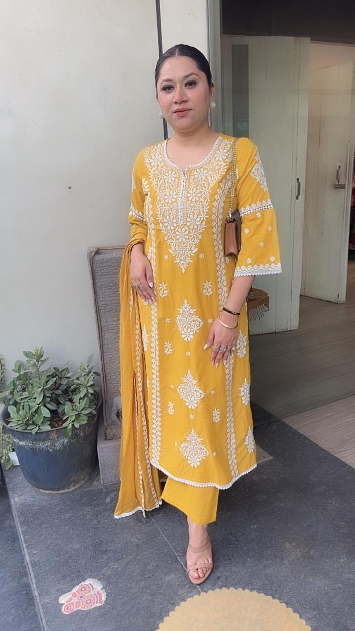 Lucknowi Mustard Chikankari A-Line Cotton Suit
