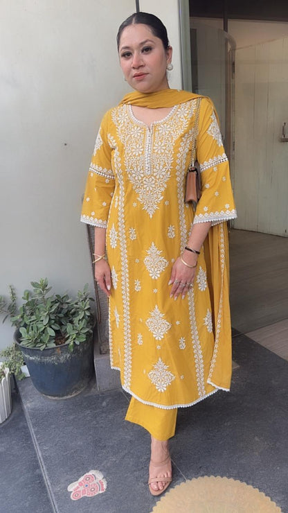 Lucknowi Mustard Chikankari A-Line Cotton Suit