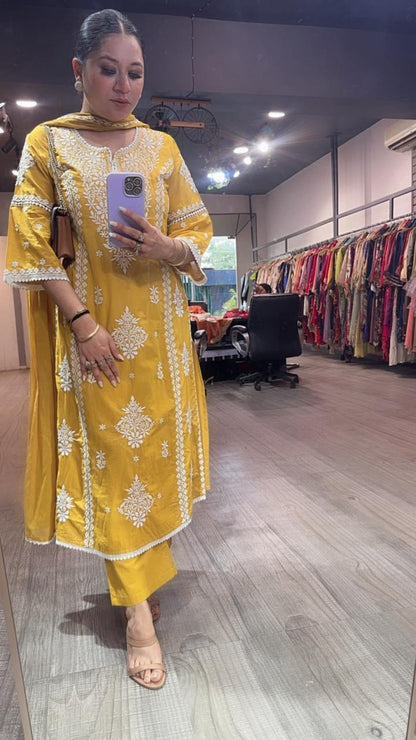 Lucknowi Mustard Chikankari A-Line Cotton Suit
