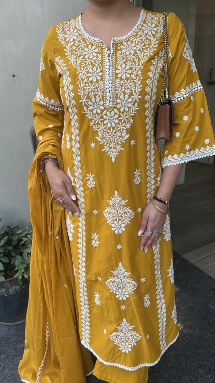 Lucknowi Mustard Chikankari A-Line Cotton Suit